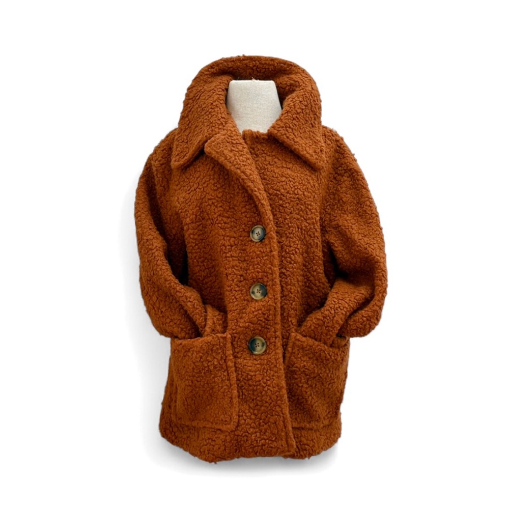 Free people Burnt Orange Shearling Sherpa Teddy Peacoat Jacket Size Medium Cozy - Picture 2 of 15
